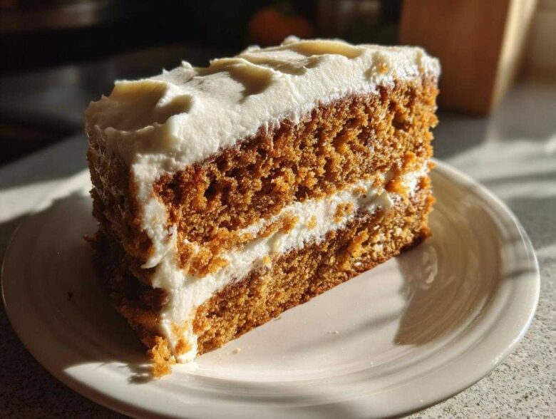 Close-up of a moist slice of two-layer spice cake generously topped and filled with thick white cream cheese frosting.