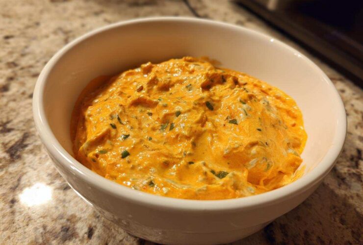 A close-up of bright orange cottage cheese queso dip, flecked with green herbs, served in a white bowl.
