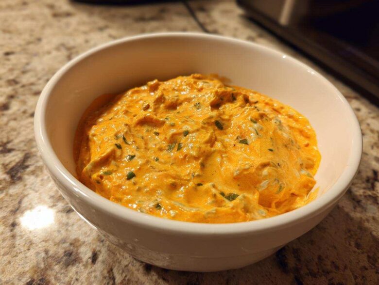 A close-up of bright orange cottage cheese queso dip, flecked with green herbs, served in a white bowl.