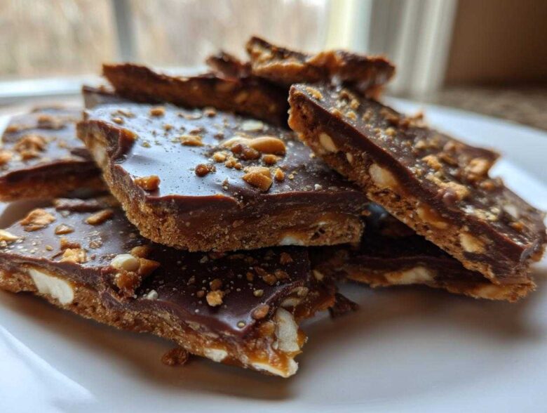 Close-up of stacked pieces of rich graham cracker toffee topped with melted chocolate and crushed nuts.