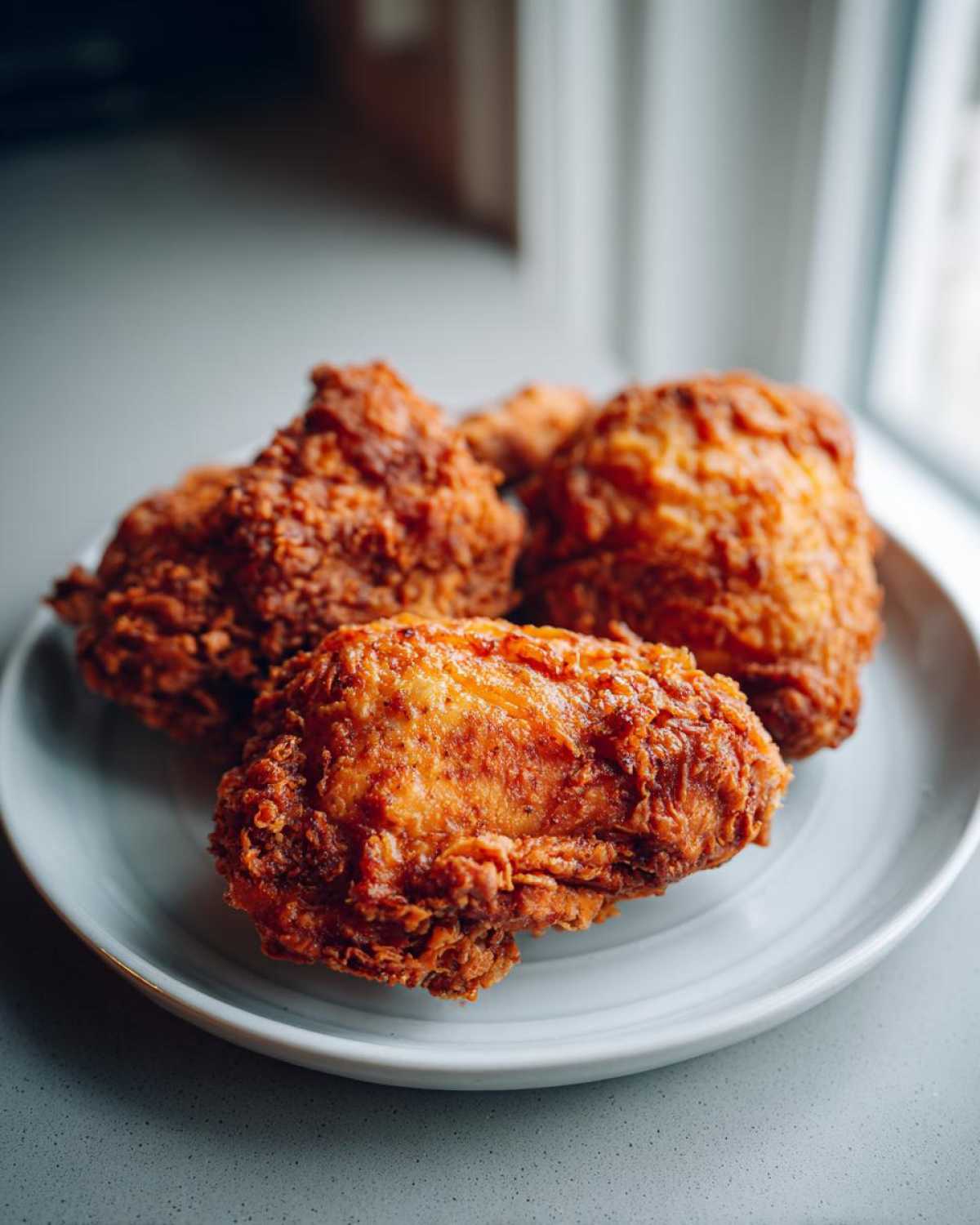 Four pieces of golden brown, crispy air fryer fried chicken resting on a light blue plate.