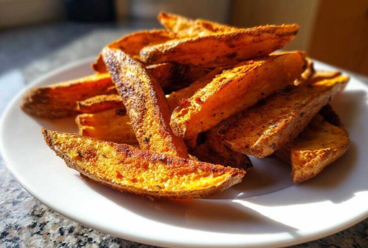 A close-up of perfectly seasoned and crispy air fryer potato wedges piled high on a white plate.