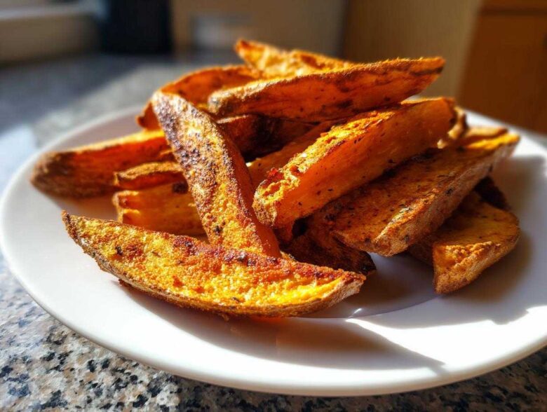 A close-up of perfectly seasoned and crispy air fryer potato wedges piled high on a white plate.