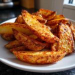 Close-up of perfectly crispy, seasoned air fryer potato wedges piled high on a white plate.