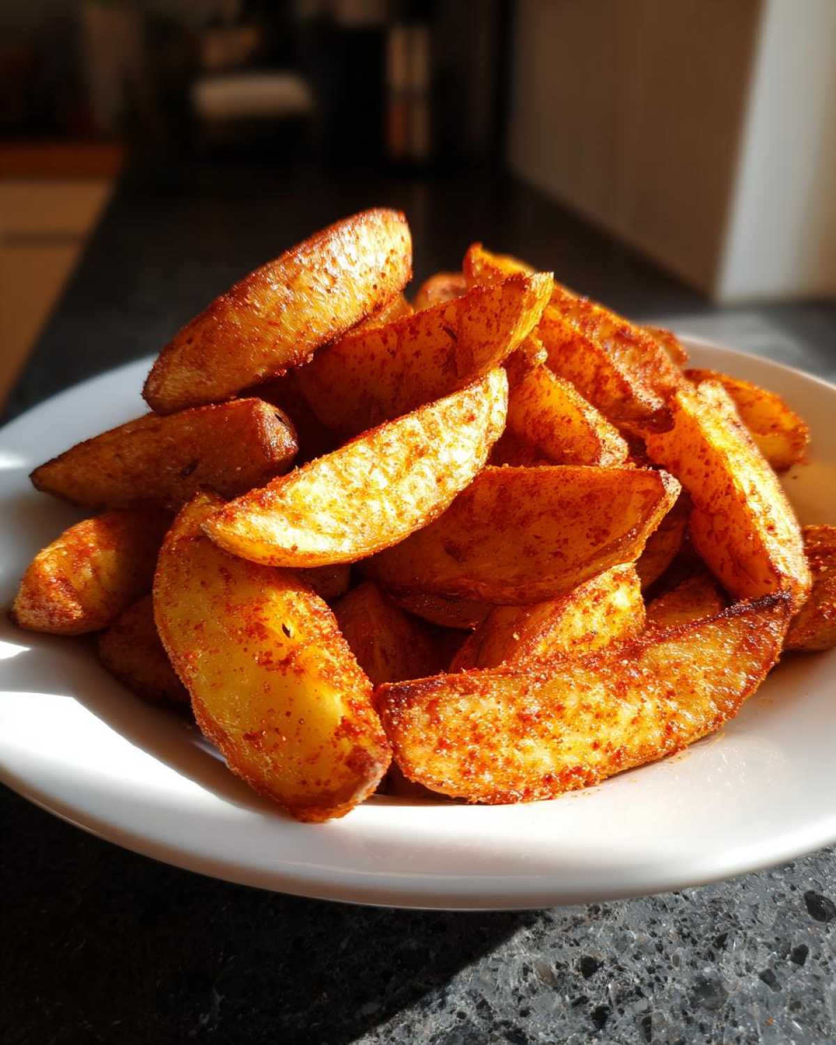A mound of golden, crispy air fryer potato wedges generously seasoned with paprika, served on a white plate.