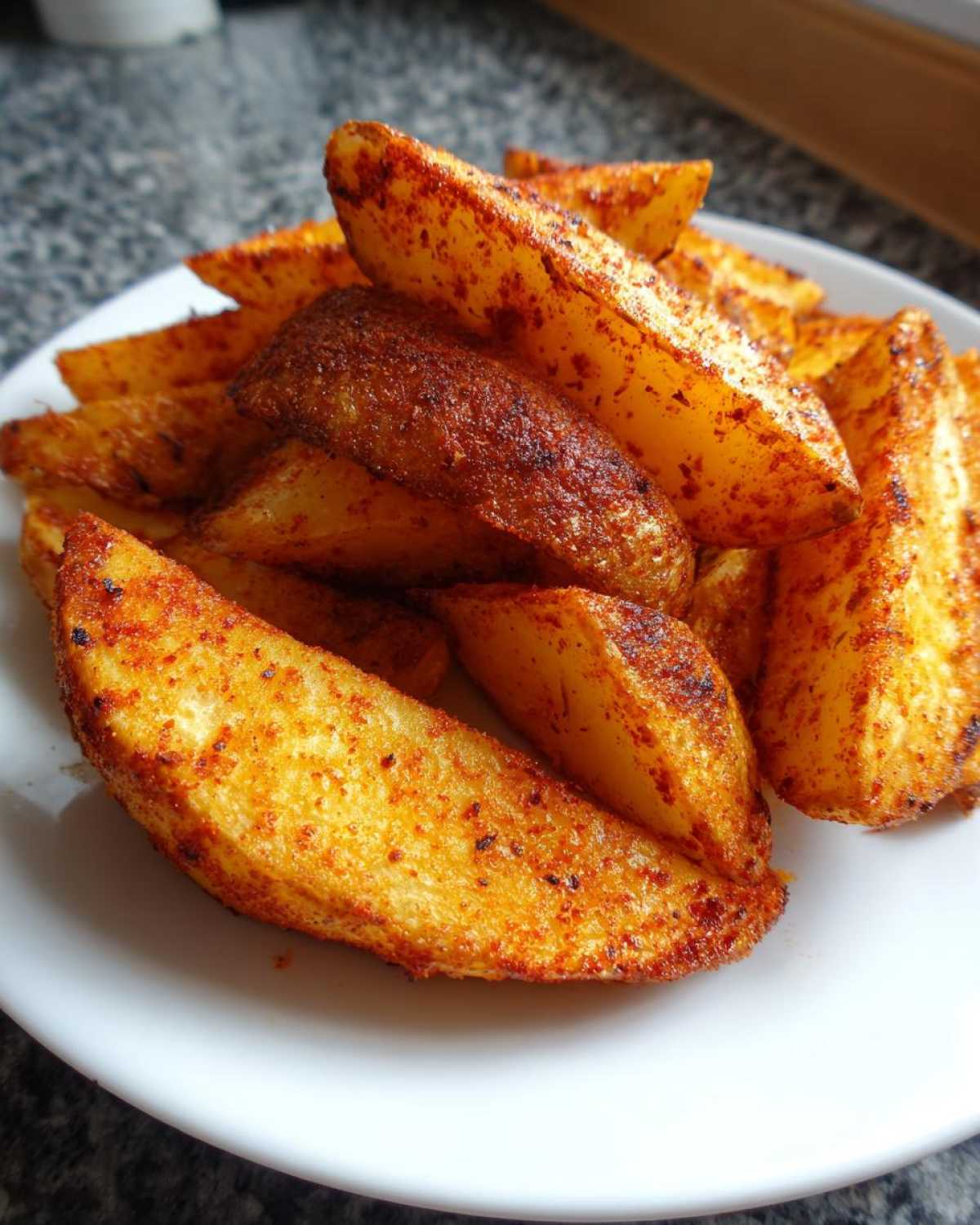 Close-up of golden, crispy air fryer potato wedges heavily seasoned with paprika, served on a white plate.