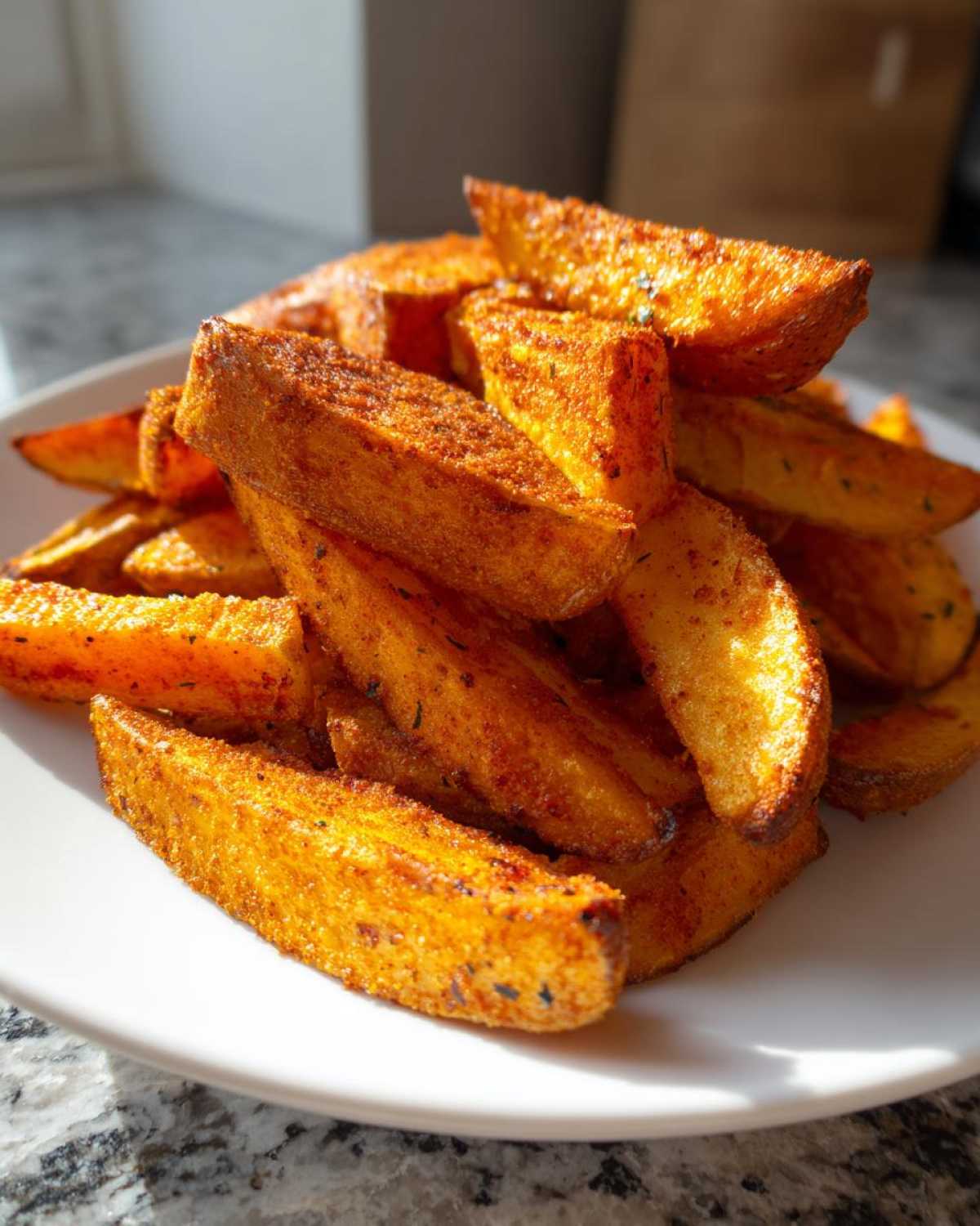 A close-up stack of golden brown, crispy seasoned air fryer potato wedges on a white plate.