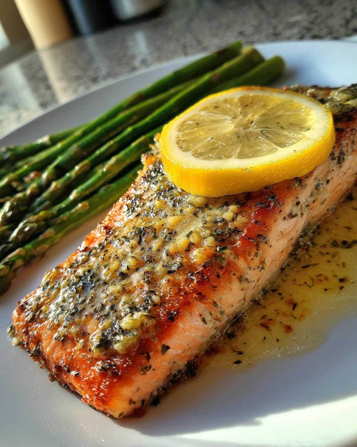 Close-up of a seasoned, pan-seared salmon recipe fillet topped with a lemon slice and served with asparagus.