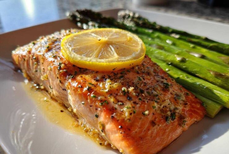 Close-up of a perfectly cooked salmon recipe fillet topped with a lemon slice and herbs, served alongside bright green asparagus.