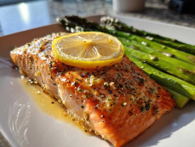 Close-up of a perfectly cooked salmon recipe fillet topped with a lemon slice and herbs, served alongside bright green asparagus.