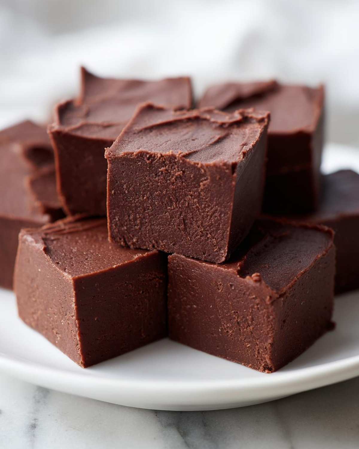 A stack of rich, dark chocolate fudge squares piled high on a white plate.