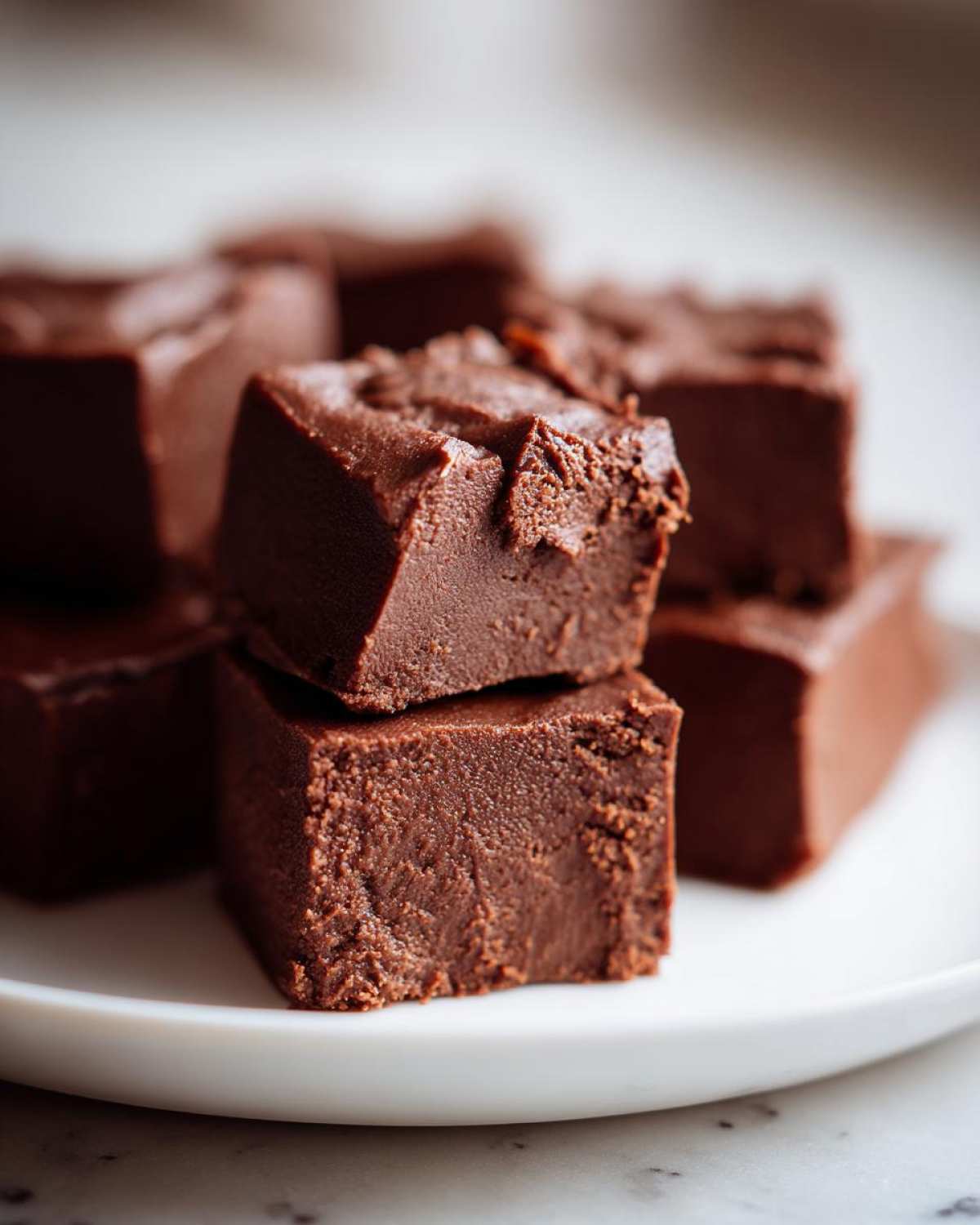 Close-up of several rich, dark chocolate fudge squares stacked on a white plate.