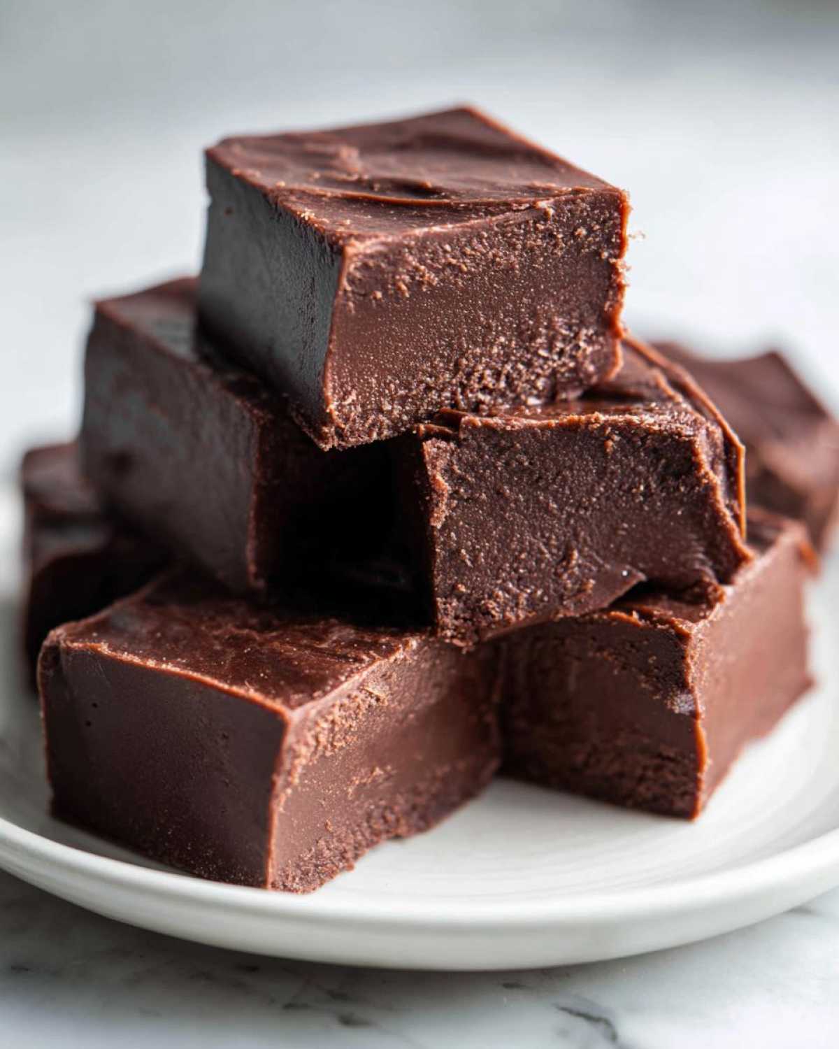 A stack of rich, dark chocolate squares of homemade fudge resting on a white plate.