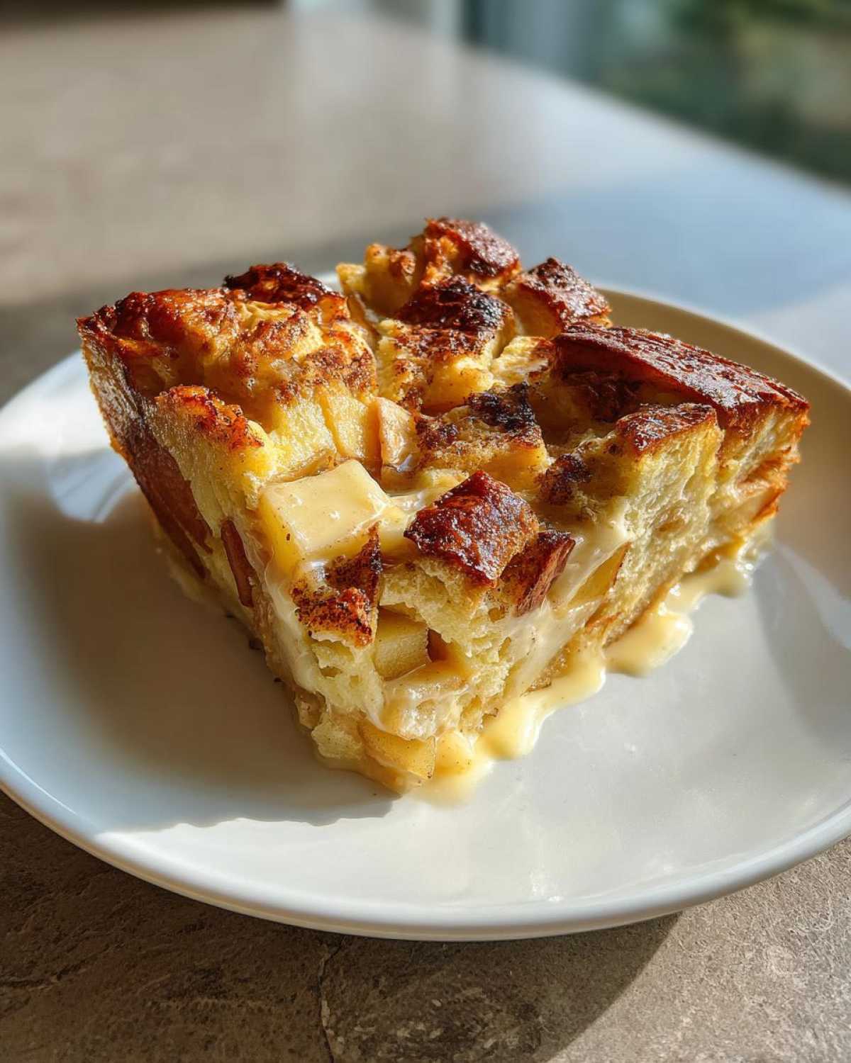 A single, golden-brown square serving of amazing apple bread pudding drizzled with vanilla cream sauce on a white plate.