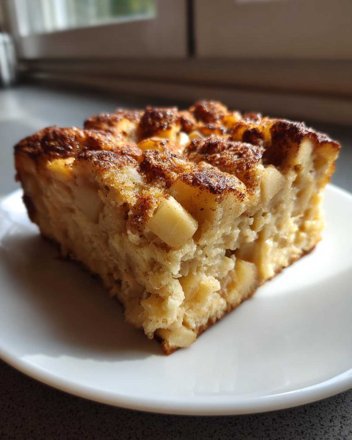 A square slice of moist apple bread pudding, topped with cinnamon, served on a white plate.