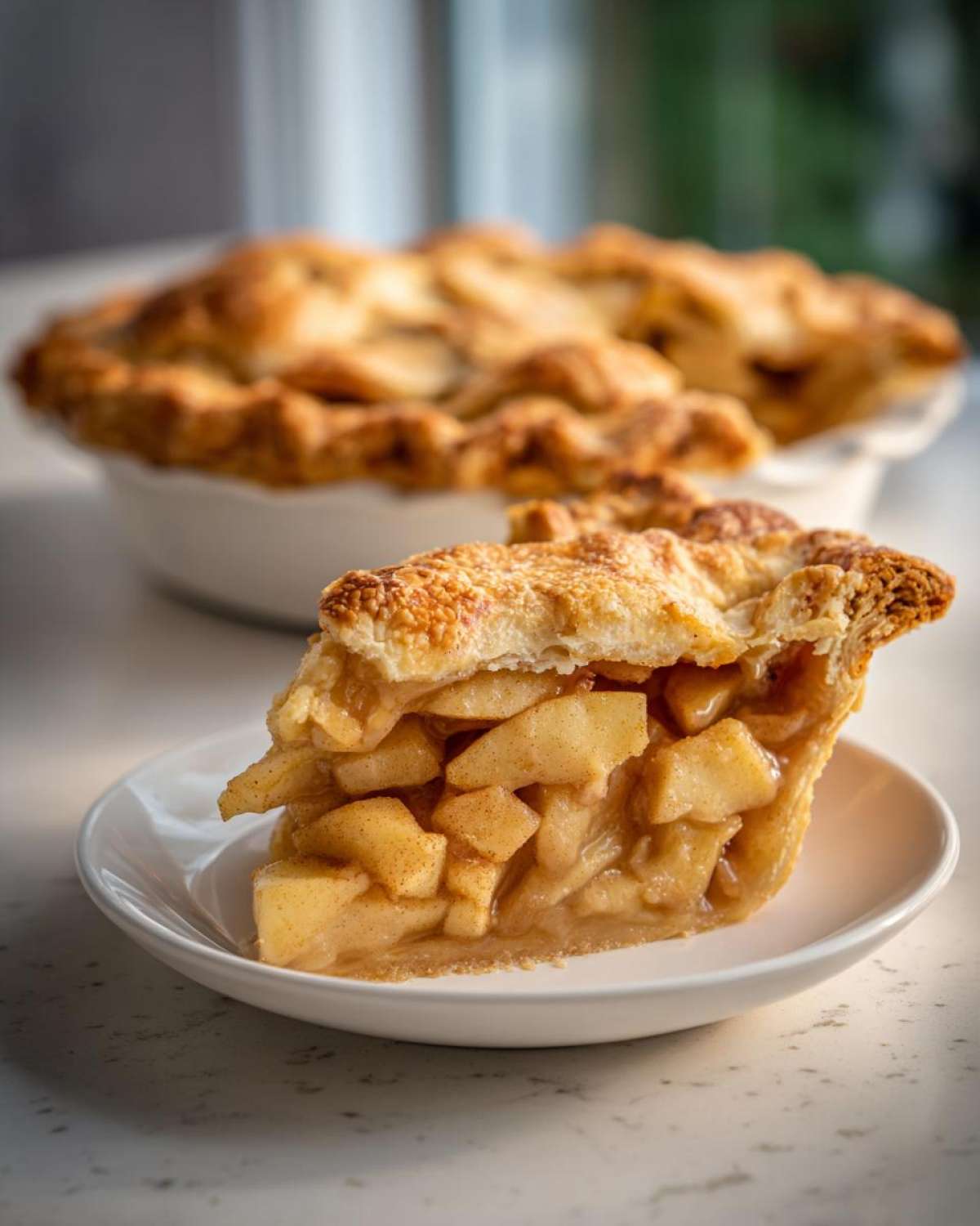 Close-up of a thick slice of amazing apple pie showing chunky cinnamon apples and flaky crust.