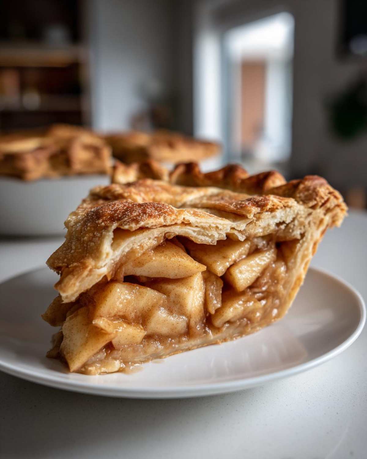 Close-up of a thick slice of amazing apple pie showing cinnamon-spiced filling and flaky, sugared crust.