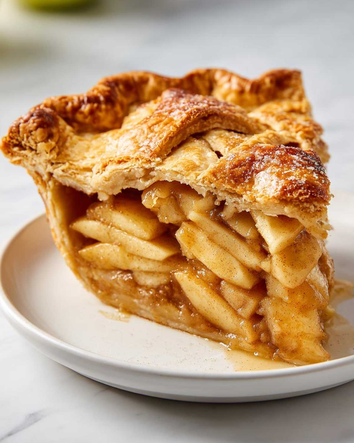 Close-up of a thick slice of amazing apple pie showing layered, spiced apple filling and a flaky, golden crust.