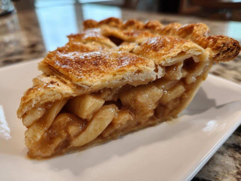Close-up of a perfectly baked slice of apple pie showing flaky crust and thick apple filling.