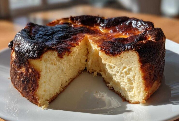 A whole basque cheesecake with a slice cut out, showing the creamy interior and signature dark, burnt top.