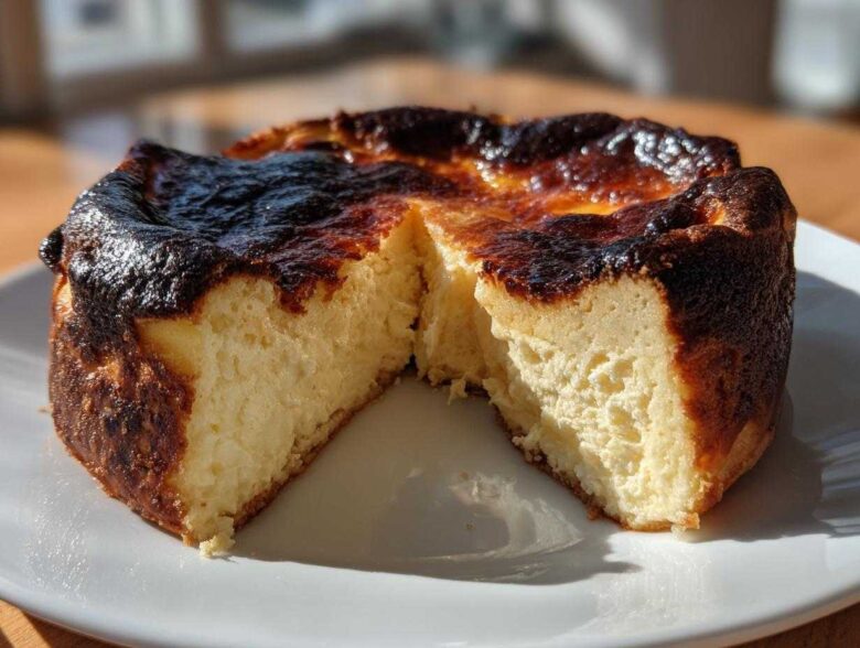 A whole basque cheesecake with a slice cut out, showing the creamy interior and signature dark, burnt top.