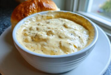 Close-up of creamy, chunky beer cheese dip served in a white bowl next to a golden brown bread roll.