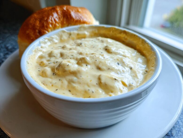 Close-up of creamy, chunky beer cheese dip served in a white bowl next to a golden brown bread roll.
