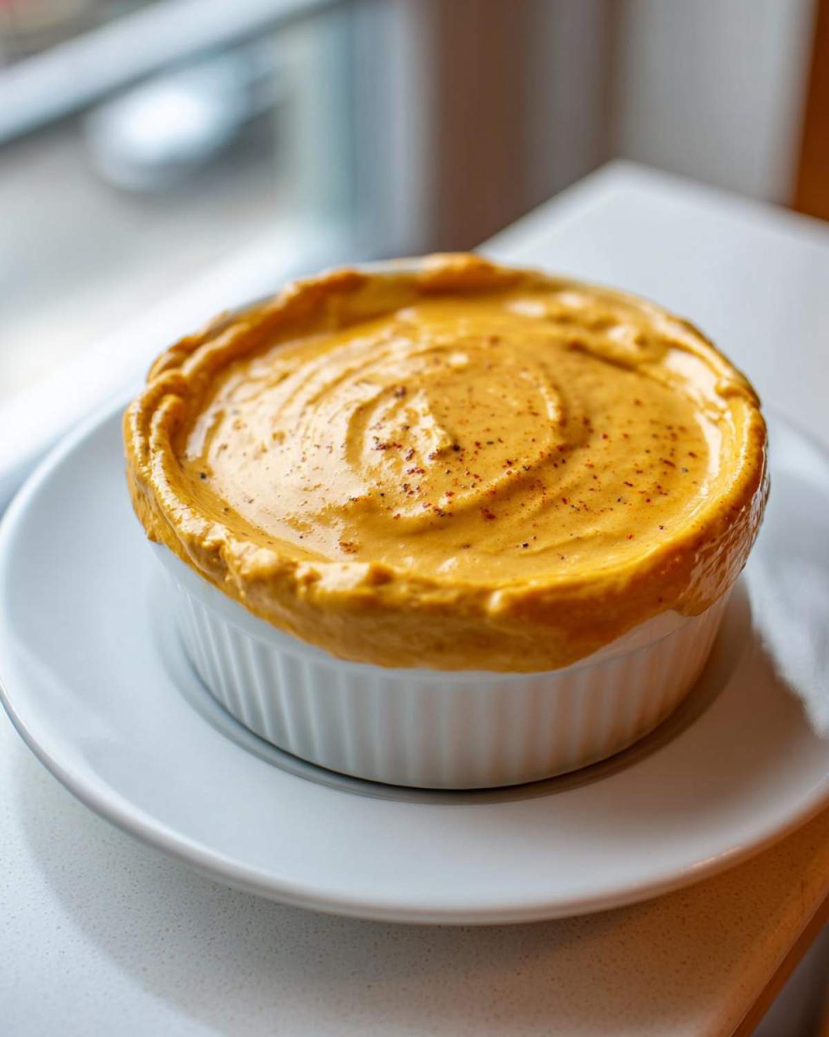 A close-up of warm, orange beer cheese dip served in a white fluted ramekin on a matching saucer.