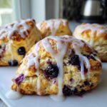 Close-up of four flaky blueberry scones topped with thick vanilla glaze, ready to eat.