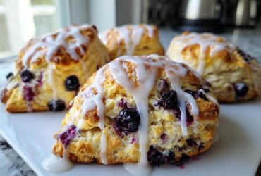 Close-up of four flaky blueberry scones topped with thick vanilla glaze, ready to eat.
