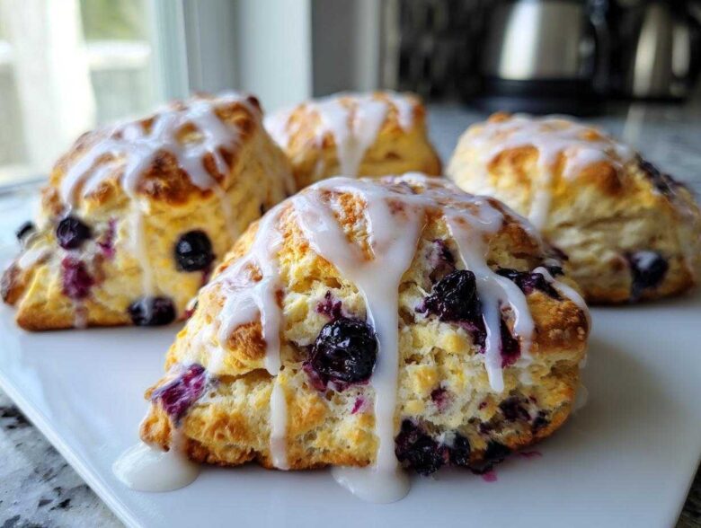 Close-up of four flaky blueberry scones topped with thick vanilla glaze, ready to eat.