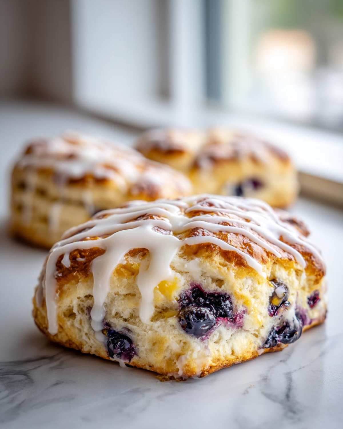 Close-up of a freshly baked blueberry scone topped with white icing drizzle, showing flaky interior and burst blueberries.