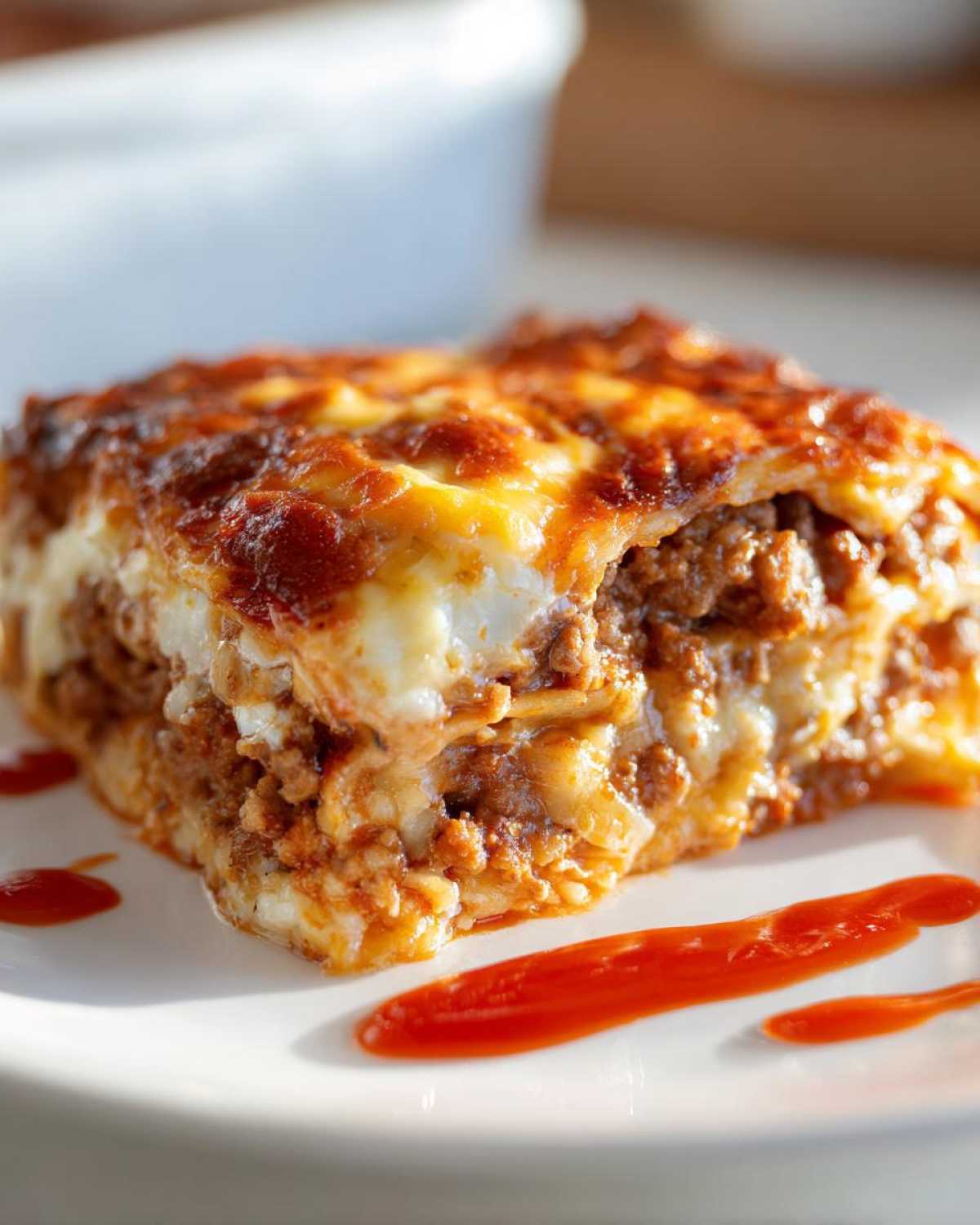Close-up of a cheesy slice of Amazing 15-Minute Burrito Bake served with a drizzle of hot sauce.