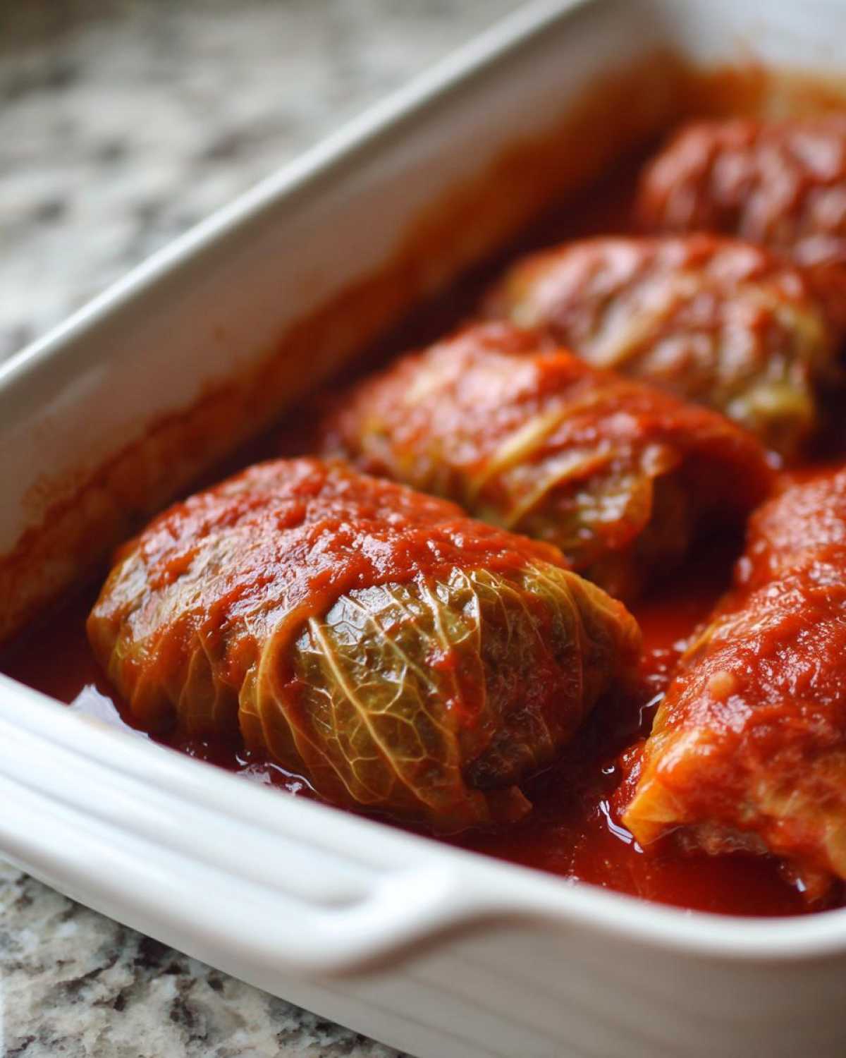 Close-up of several homemade cabbage rolls simmering in a bright red tomato sauce in a white baking dish.