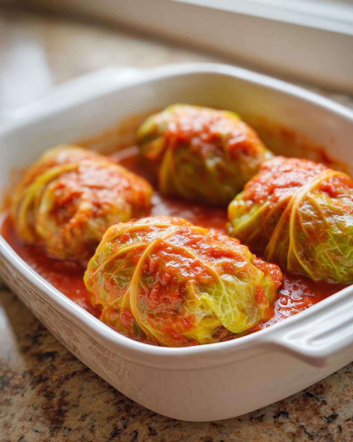 Four perfectly wrapped cabbage rolls simmering in a rich, bright red tomato sauce inside a white baking dish.
