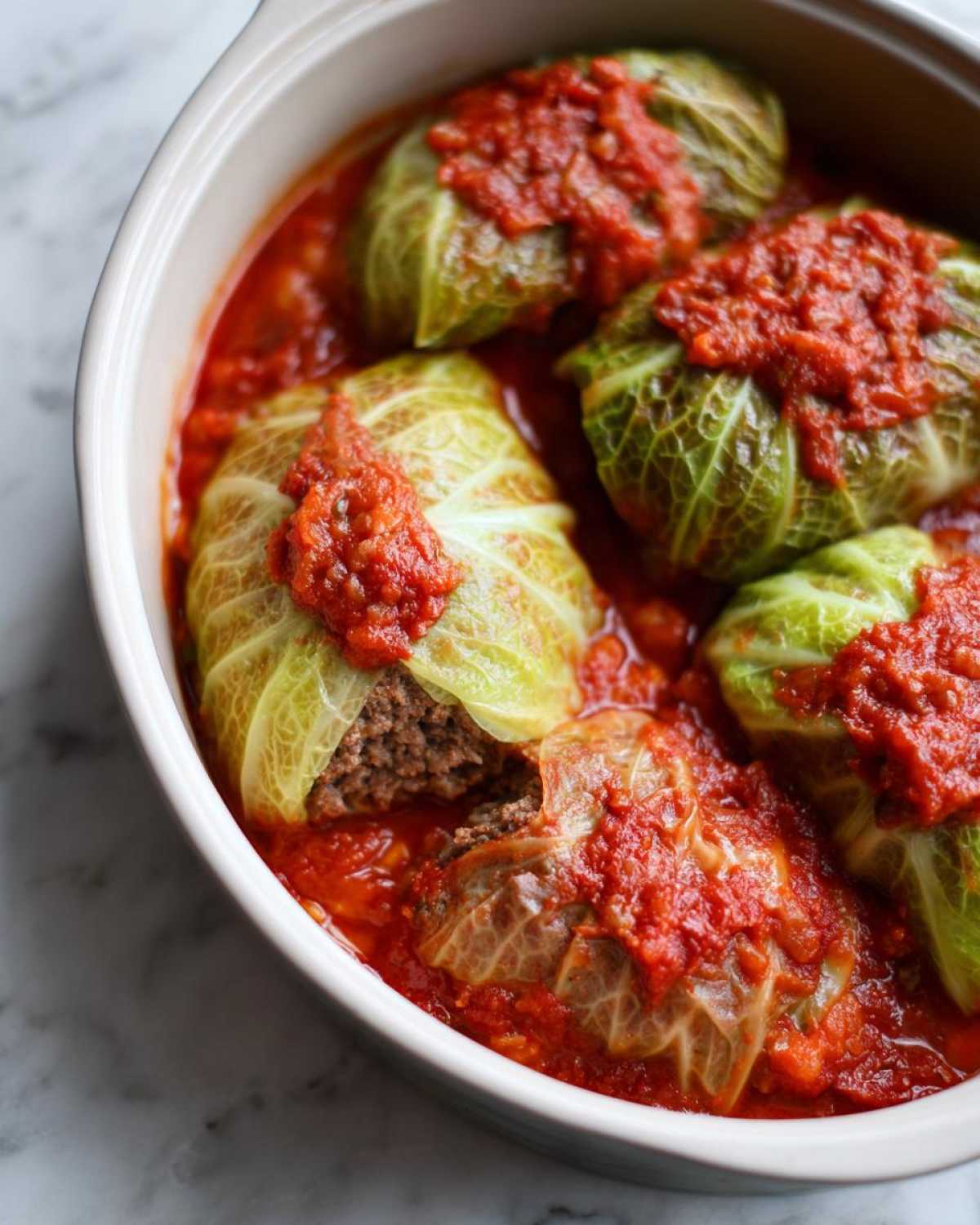 Close-up of four homemade cabbage rolls stuffed with meat and simmered in rich tomato sauce.