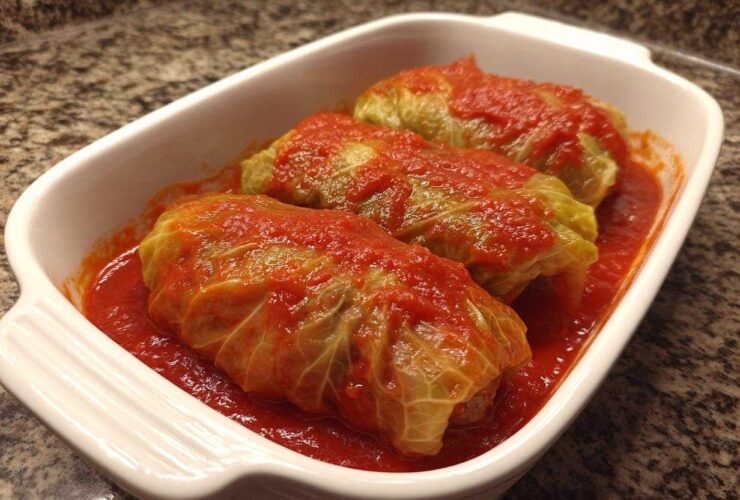 Three savory cabbage rolls covered in bright red tomato sauce, nestled in a white baking dish.