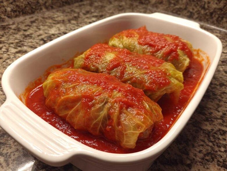 Three savory cabbage rolls covered in bright red tomato sauce, nestled in a white baking dish.