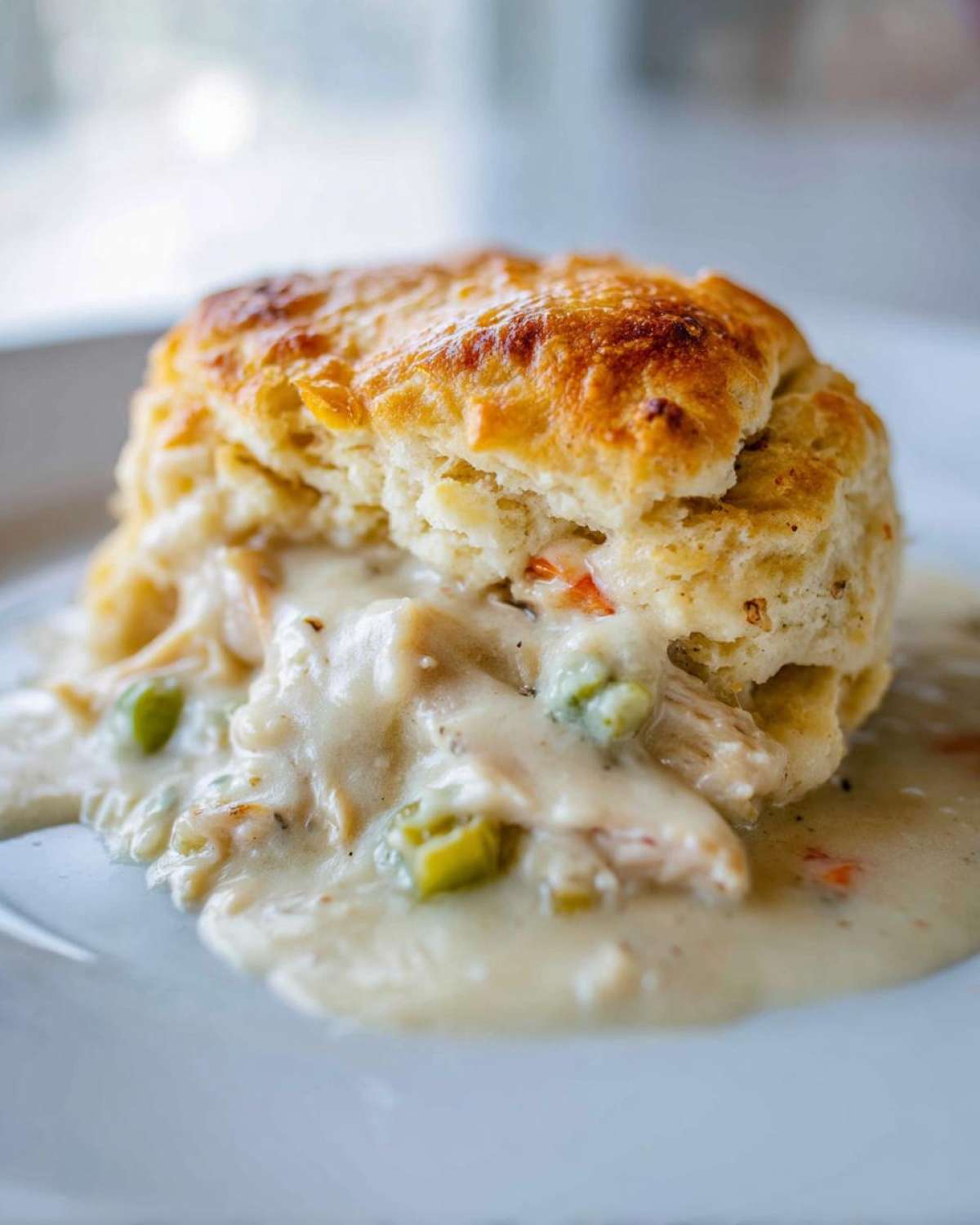 Close-up of a flaky biscuit topping a serving of creamy chicken cobbler with visible chicken and vegetables.