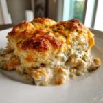 A hearty serving of creamy chicken cobbler with a golden, cheesy biscuit topping on a white plate.