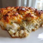Close-up of a slice of creamy chicken cobbler with a golden, cheesy, biscuit topping.