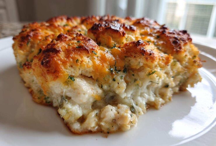 Close-up of a slice of creamy chicken cobbler with a golden, cheesy, biscuit topping.