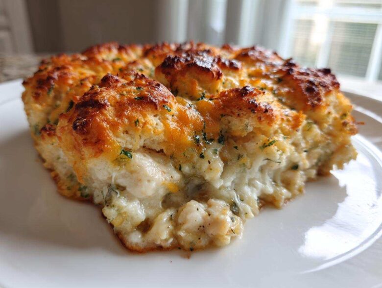 Close-up of a slice of creamy chicken cobbler with a golden, cheesy, biscuit topping.