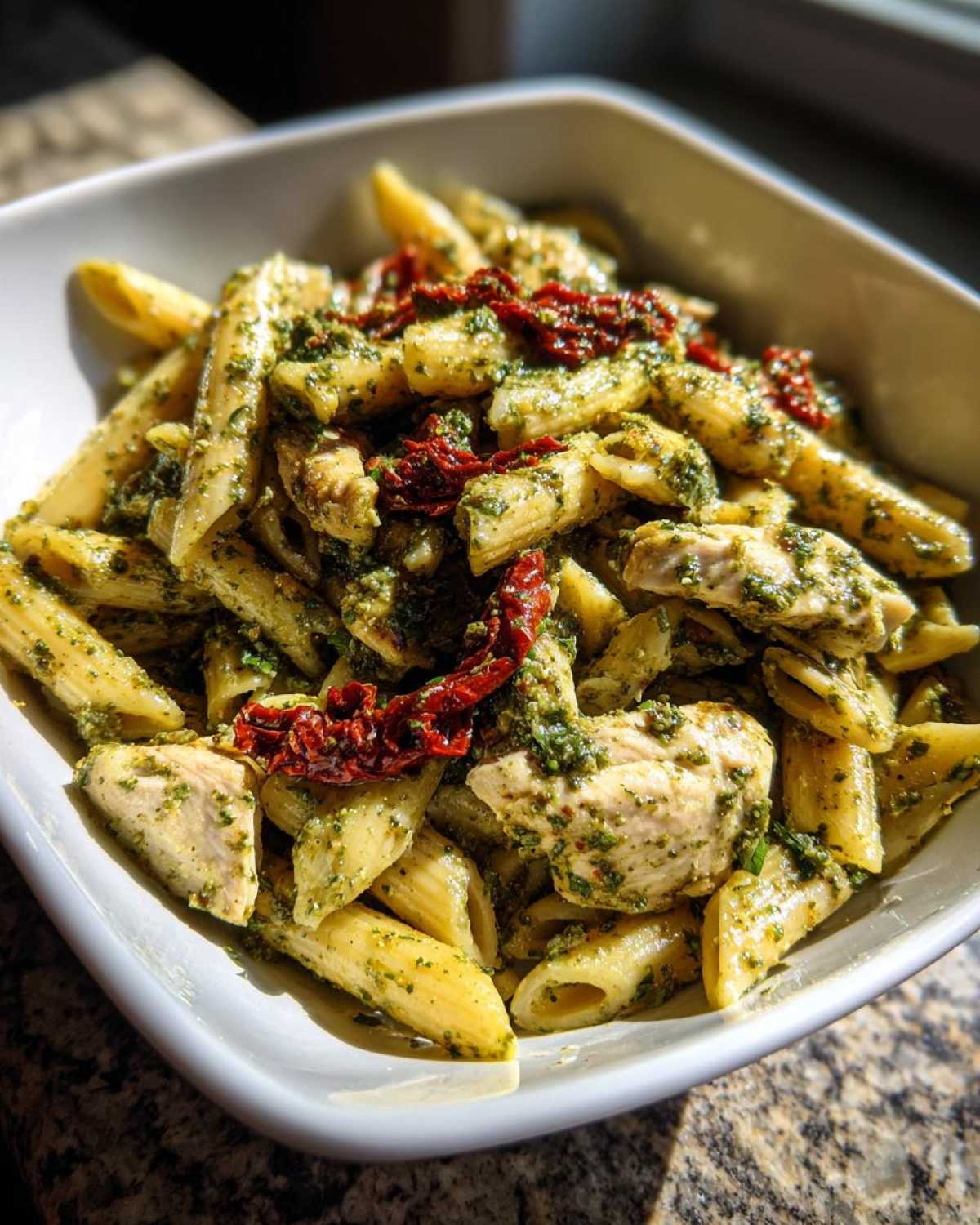 A close-up view of penne pasta tossed in green pesto sauce with chunks of chicken and sun-dried tomatoes, making up the chicken pesto pasta.