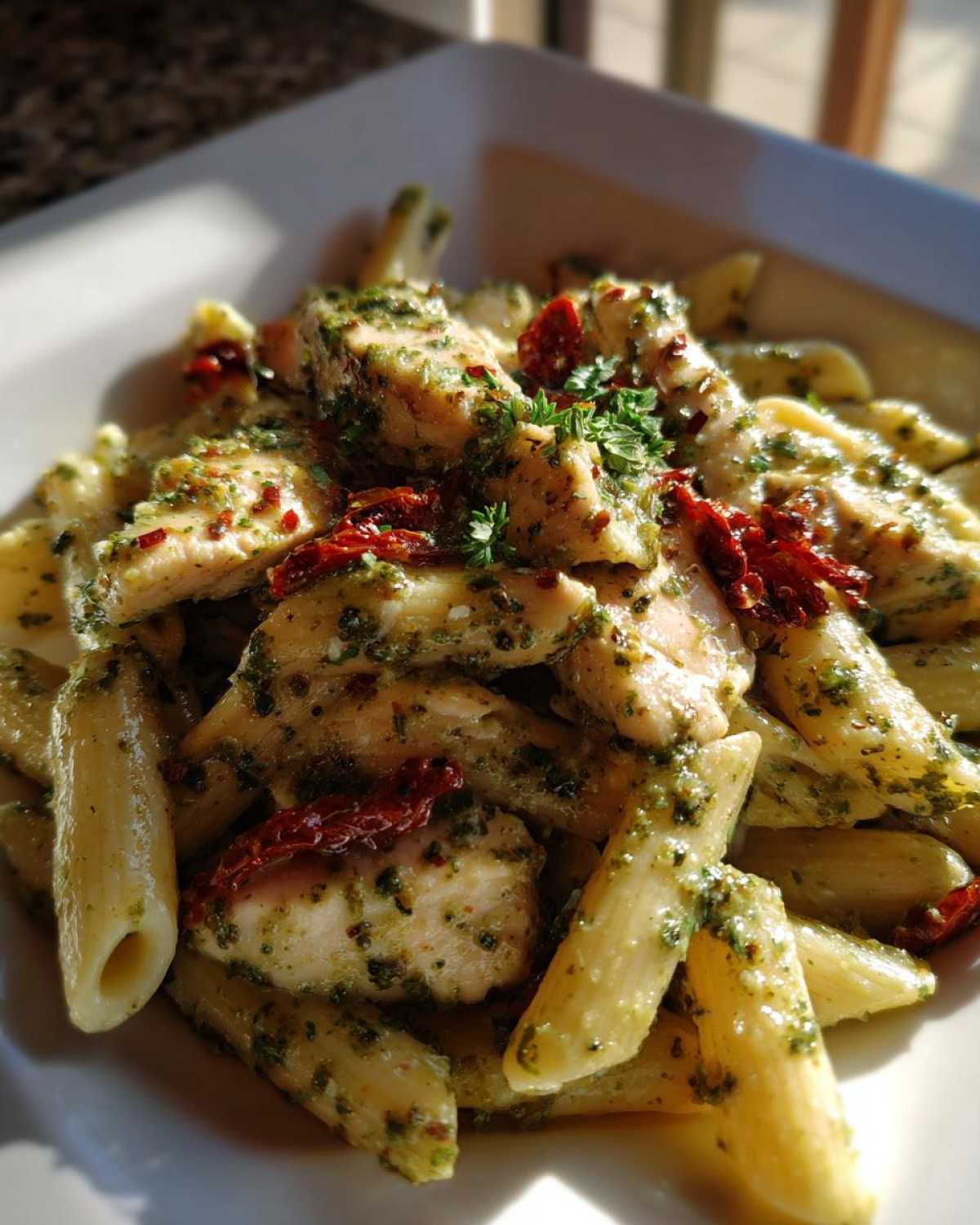 Close-up of penne pasta tossed with pesto sauce, chunks of chicken, and sun-dried tomatoes, making up the amazing chicken pesto pasta.