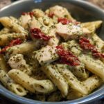 A close-up, overhead view of creamy chicken pesto pasta featuring penne, chunks of white meat chicken, and sun-dried tomatoes in a blue bowl.