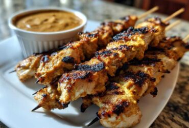 Close-up of perfectly grilled chicken satay skewers with visible char marks, served next to a small bowl of peanut sauce.