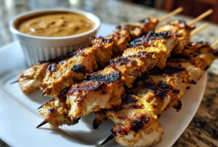 Close-up of perfectly grilled chicken satay skewers with visible char marks, served next to a small bowl of peanut sauce.
