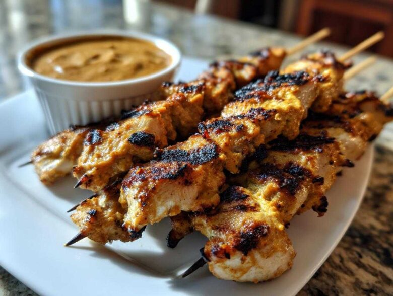 Close-up of perfectly grilled chicken satay skewers with visible char marks, served next to a small bowl of peanut sauce.