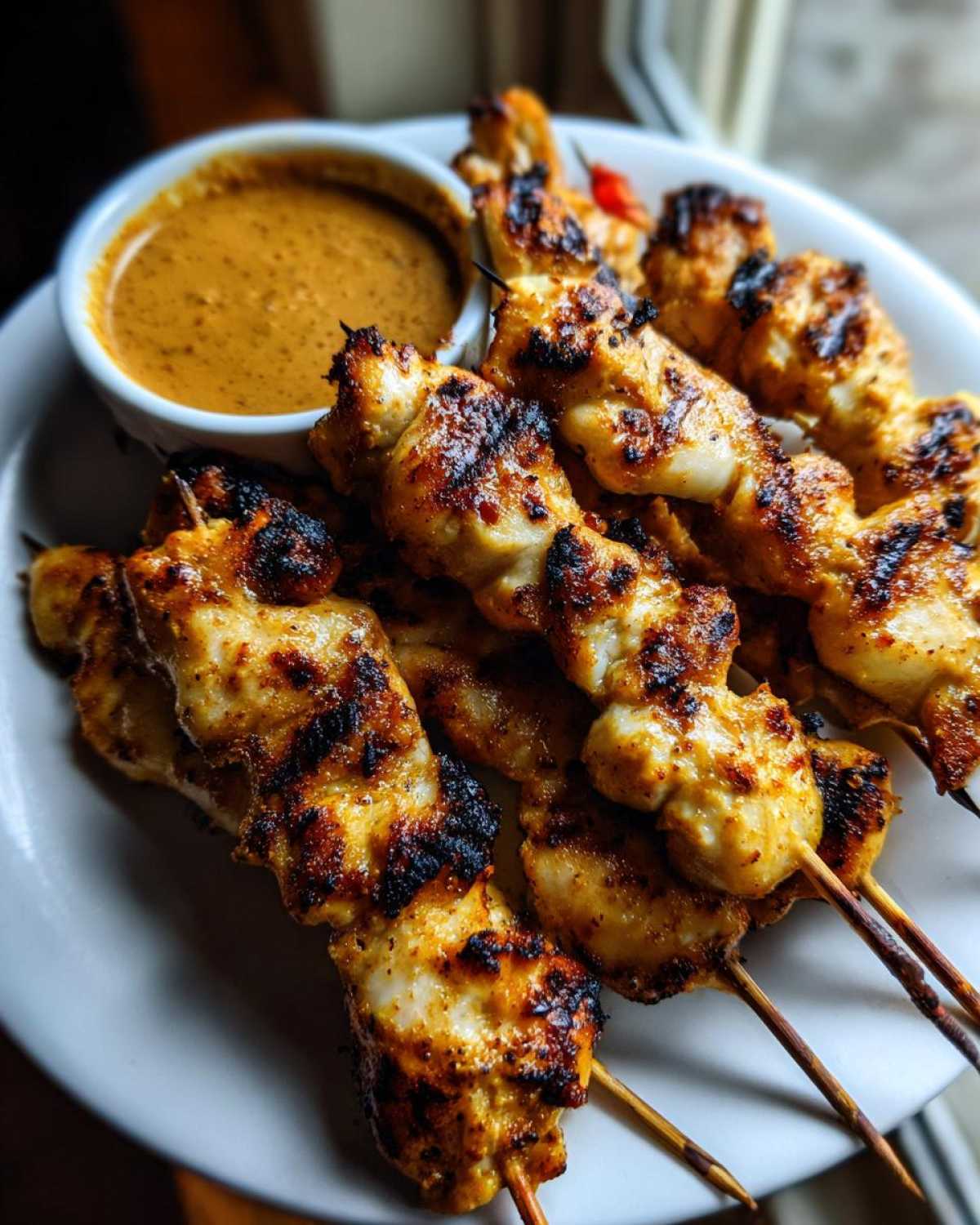 Close-up of grilled chicken satay skewers served on a white plate next to a small bowl of peanut dipping sauce.